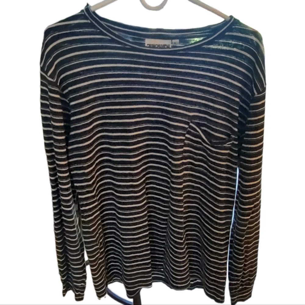Jungmaven Navy Blue and White Horizontal Striped Shirt - Size Large